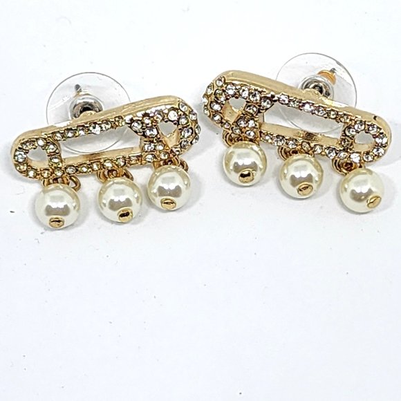 Betsey Johnson Diaper Pin Pearl and Rhinestone Accent Gold Pierced Earrings - Picture 3 of 11